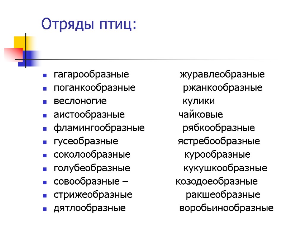 Отряды птиц: гагарообразные журавлеобразные поганкообразные ржанкообразные веслоногие кулики аистообразные чайковые фламингообразные рябкообразные гусеобразные ястребообразные